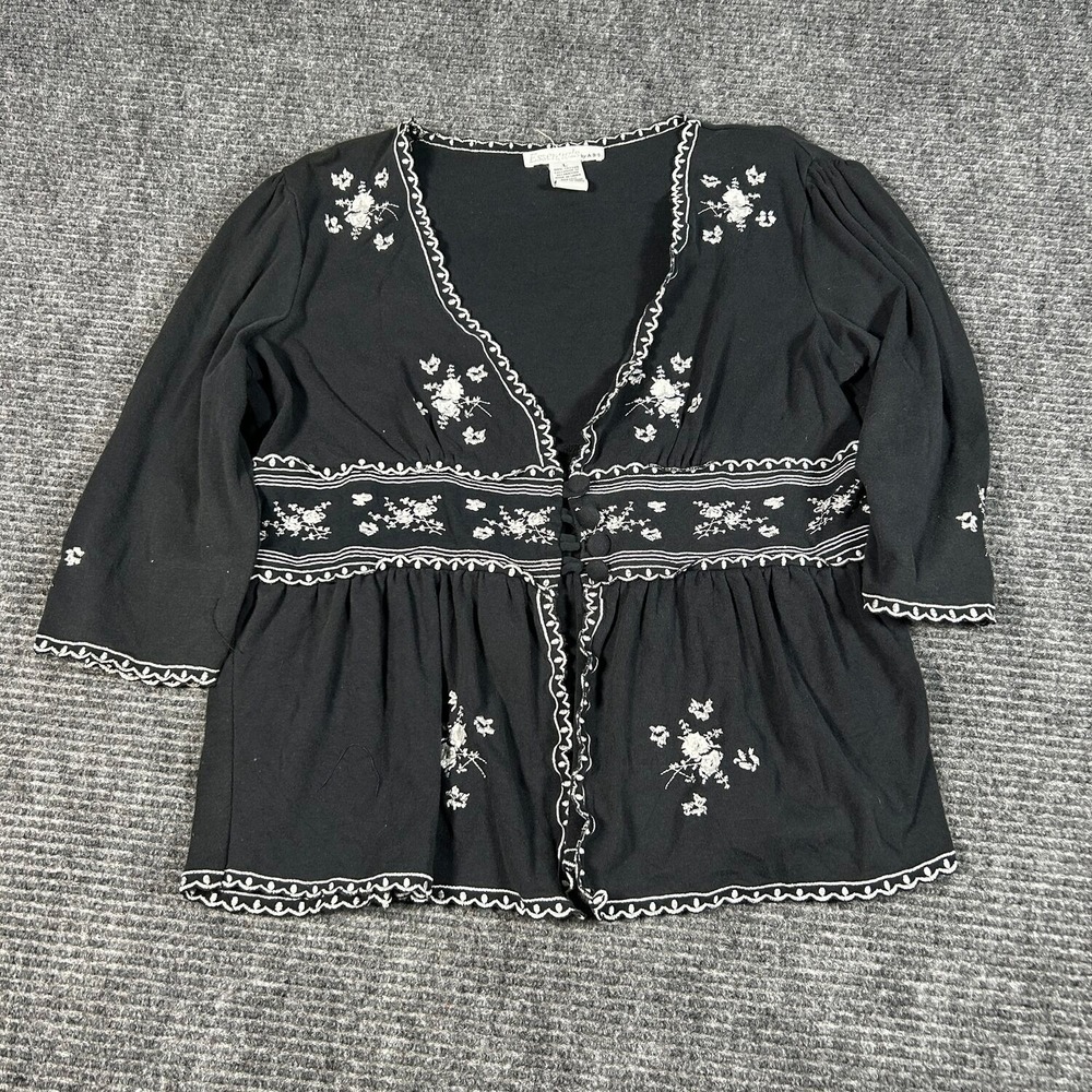 Essentials by A.B.S. Cardigan Top Womens L Black Excellent Embroidered Peplum